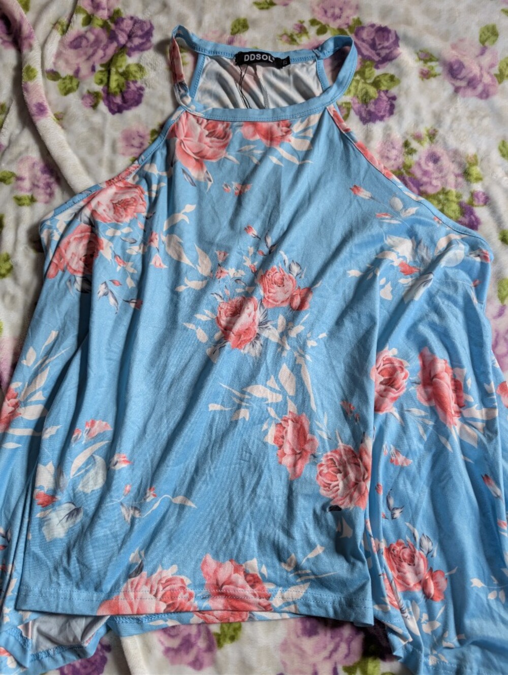 Blue Floral Cold-Shoulder Tunic Top